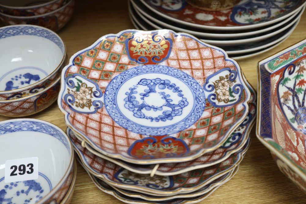 A group of Japanese Imari dishes and bowls, and a St Ives pottery vase